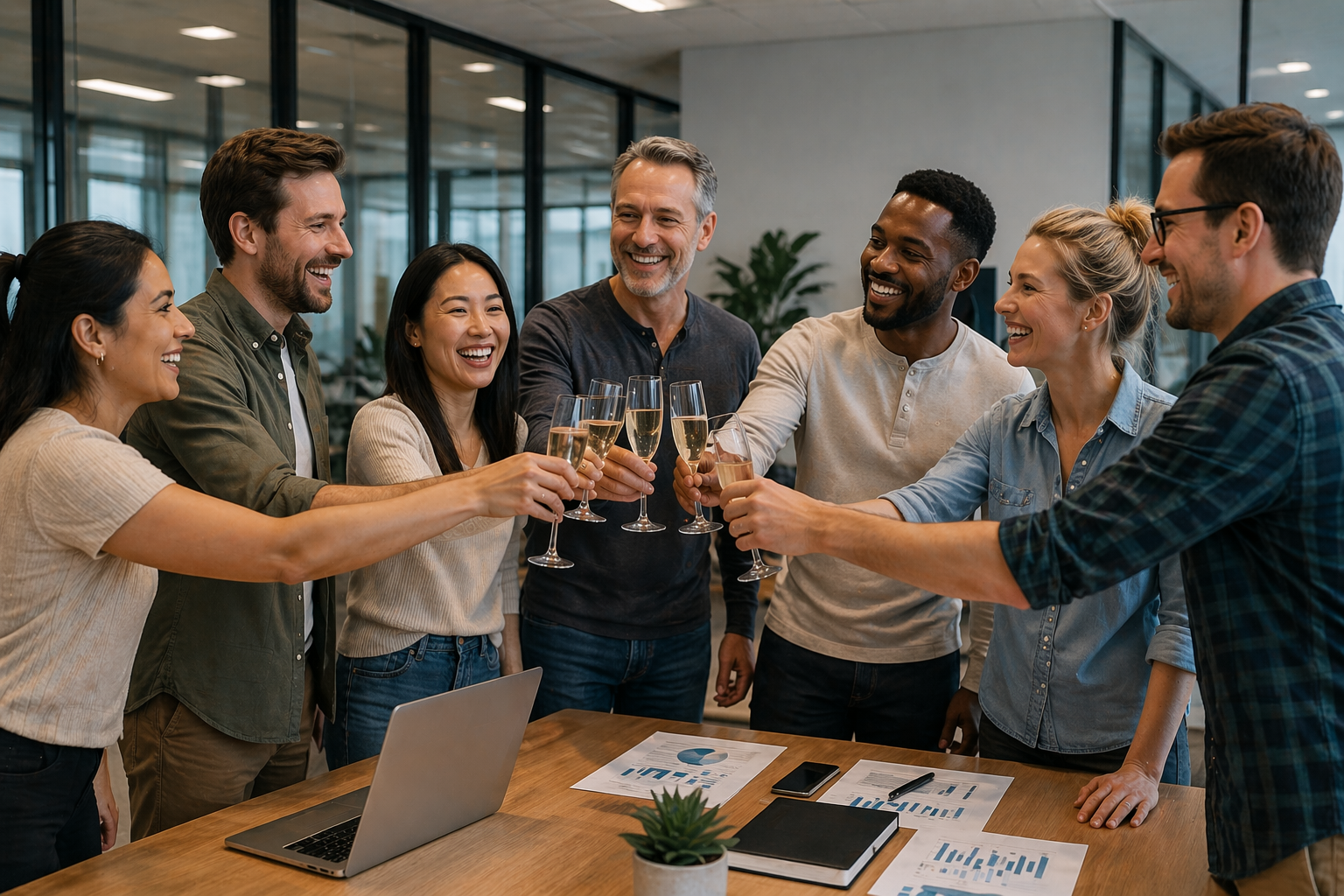 happy business having office celebration for meeting goals