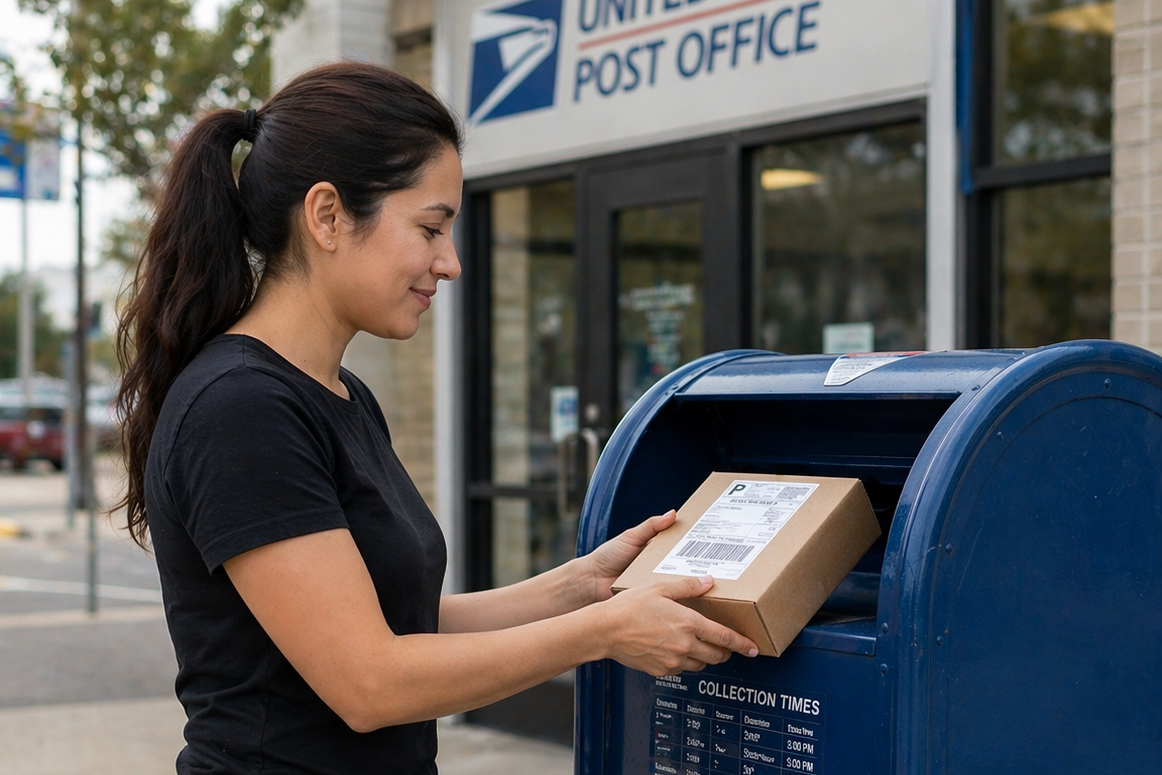 women drop shipping a package into post office mailbox